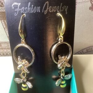 Gold tone and Green Bee Dangle Earrings